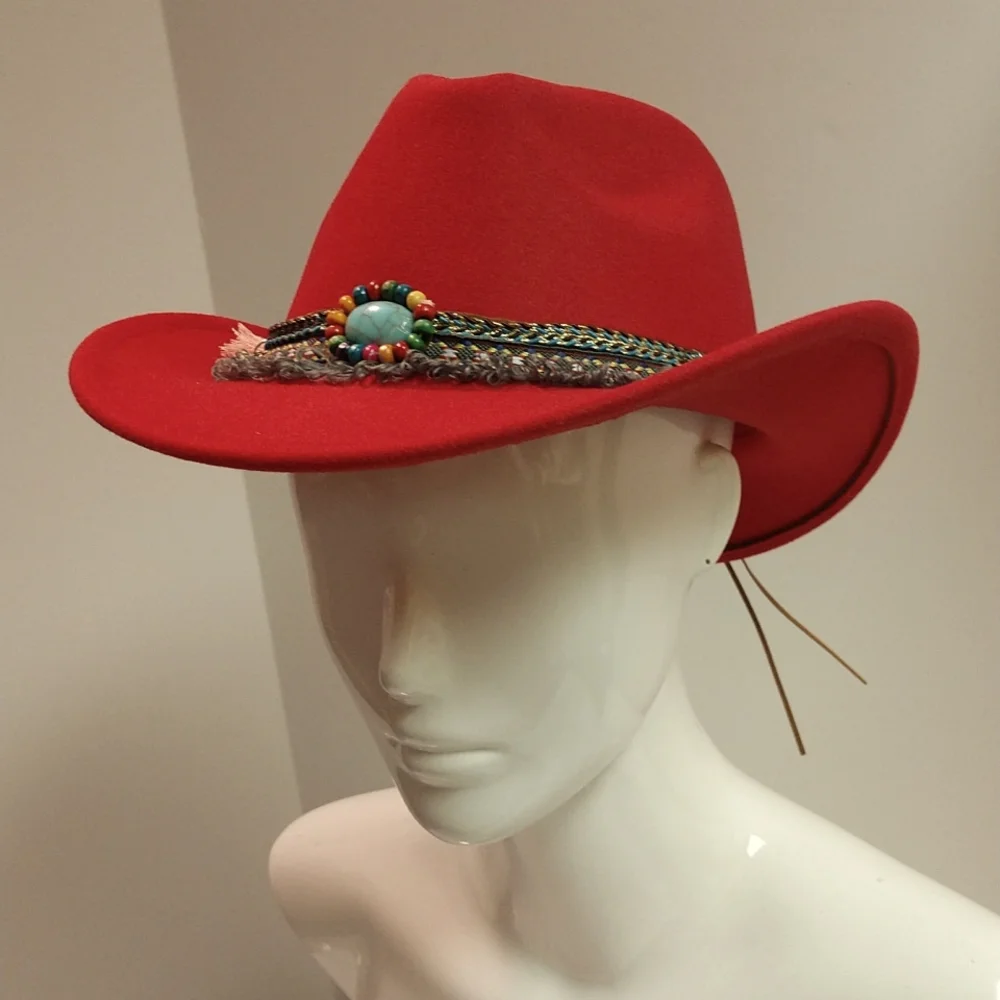 RESERVED Southern Red Cowboy Hat Turquoise Tassels Pendants Fringe Accent Boho - Picture 13 of 17